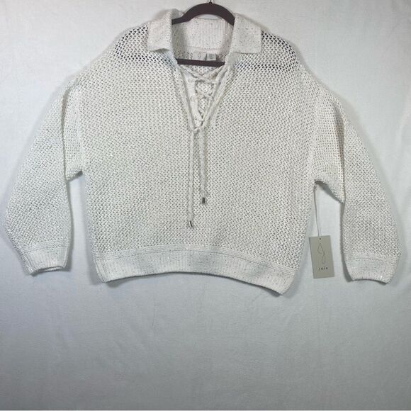 Joie New W/Tags White W/Silver Sequins Open Knit Collared Sweater Size XL - Picture 1 of 10